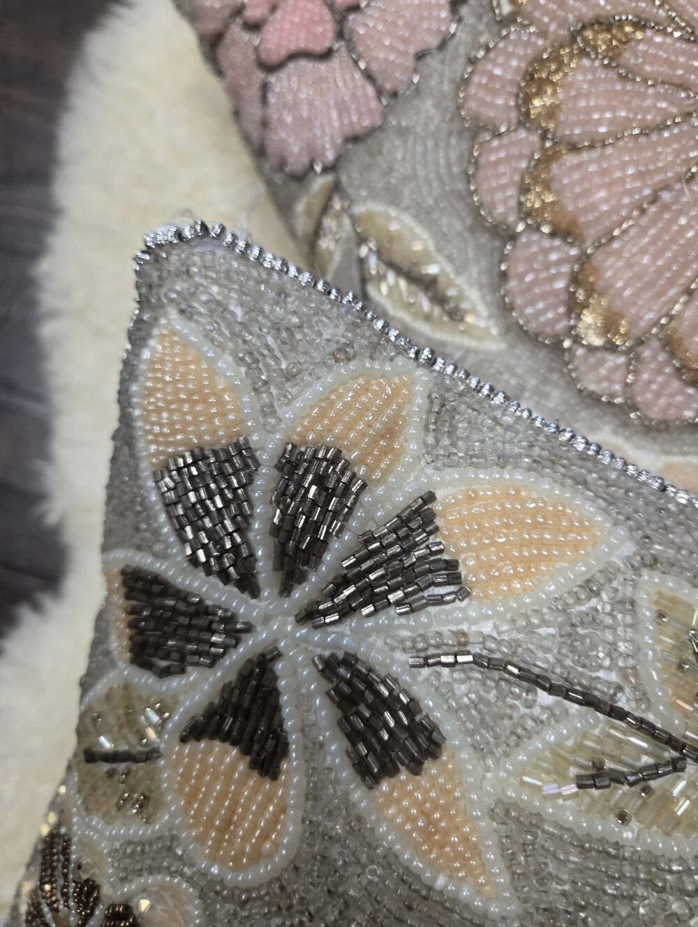 Set of 2 Pier 1 Imports Beaded Sequin Floral Throw Pillows Pink Gold Cream 11
